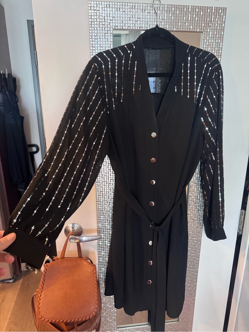 SHEIN Black Mini Dress with Sequin-Striped Sleeves